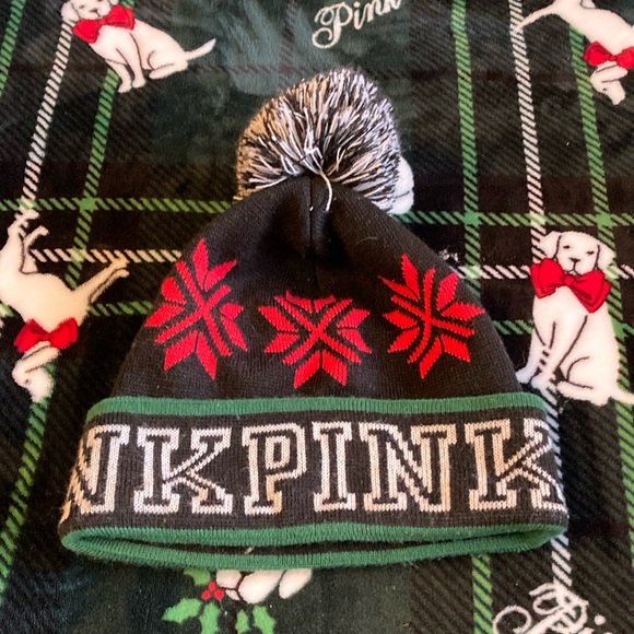 PINK Victoria's Secret Womens Winter Beanie with Red Snowflakes - Picture 1 of 3